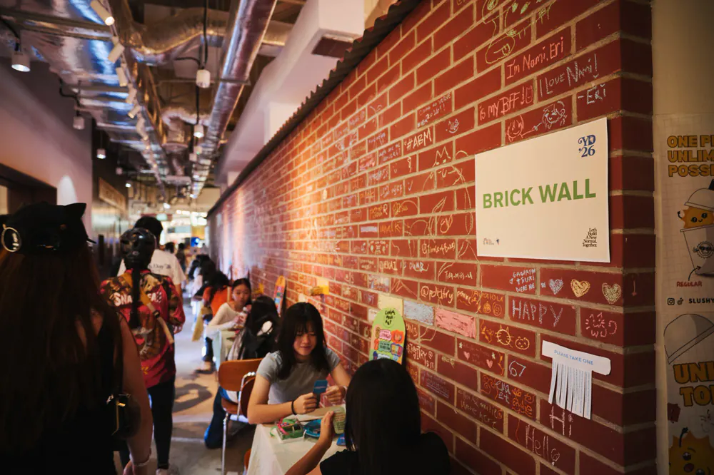 The chalk-covered brick wall, with a table of friends beside it, Level 2