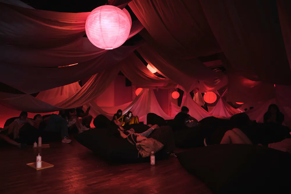 Inside the red-draped Do-Nothing Room, Level 4